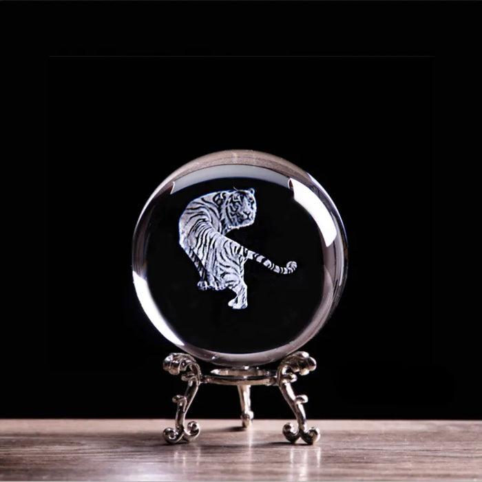 3D Laser Engraved Zodiac Tiger Crystal Ball Miniature Animal Collectible Figurines Home Business Prosperity Decoration Accessory - BE RARE