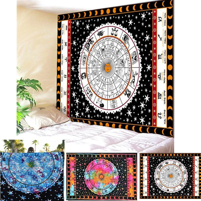 Black Zodiac Horoscope Celestial Tapestry Indian Astrology Hippie Wall Hanging 150x200cm - BE RARE