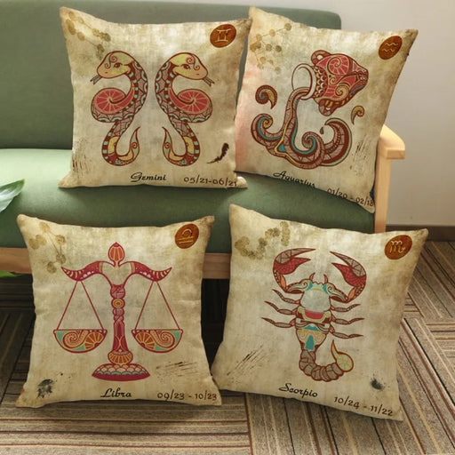 Vintage 12 Signs Zodiac Capricorn Aquarius Pisces Decorative Coffee Shop Decorative Pillow Covers Sofa Chair Cushion Cover Decor - BE RARE