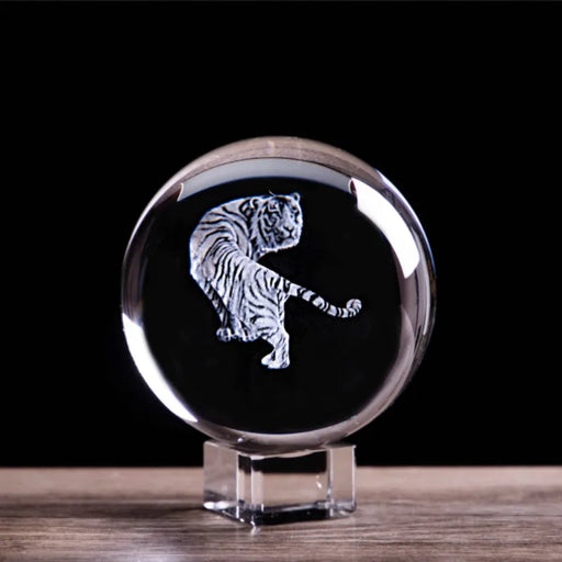 3D Laser Engraved Zodiac Tiger Crystal Ball Miniature Animal Collectible Figurines Home Business Prosperity Decoration Accessory - BE RARE