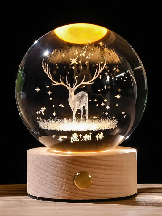 Starry Sky Luminous Ornaments Universe Galaxy Crystal Ball with glowing celestial deer design and wooden base.