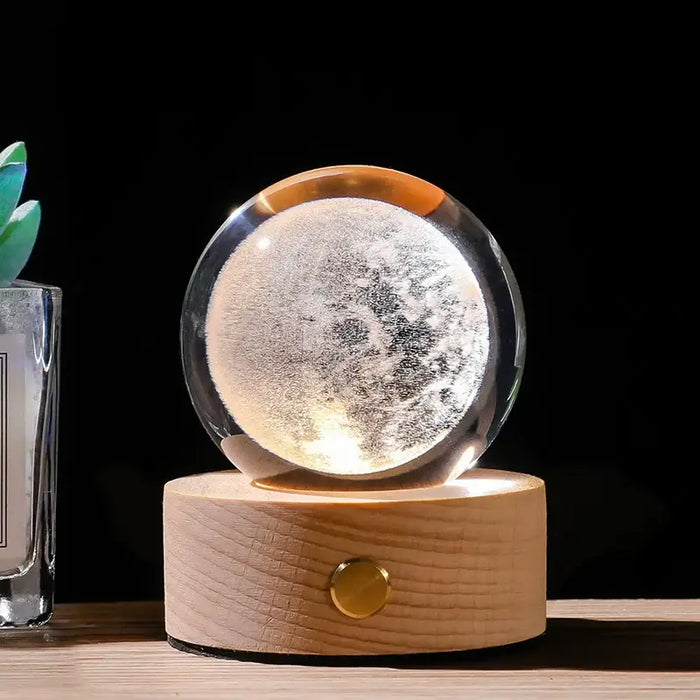 Starry Sky Luminous Ornaments Universe Galaxy Crystal Ball on wooden stand glowing with celestial light