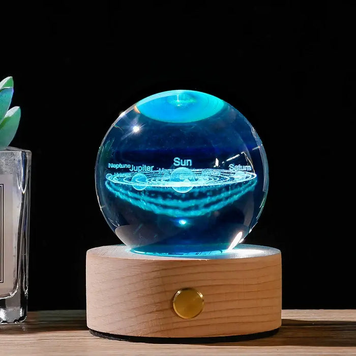 Starry Sky Luminous Ornaments Universe Galaxy Crystal Ball on wooden base glowing with celestial light, perfect for zodiac enthusiasts.