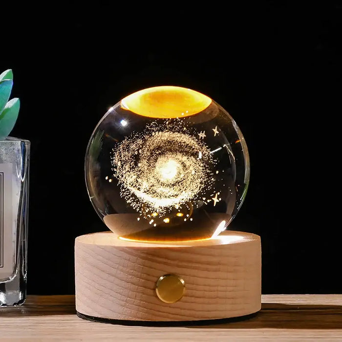 Starry Sky Luminous Ornaments Galaxy Crystal Ball illuminated with zodiac-inspired celestial light on wooden base