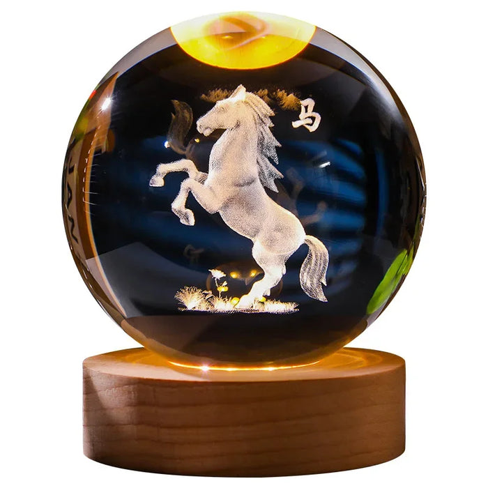 Zodiac Glow Crystal Ball Night Light Dragon Horse Monkey Sheep Chicken Pig Birthday Gift Solid Wood Base Home Decoration - BE RARE