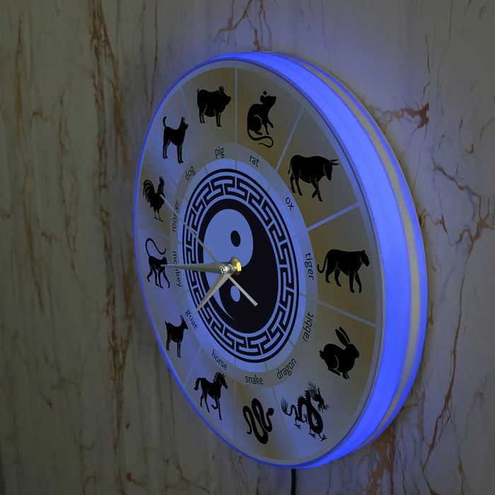 Circle of Chinese Zodiac Signs Modern Design Printed Wall Clock For Bed Room Zodiac Wheel Yin Yang Home Decor LED Lighted Clock - BE RARE