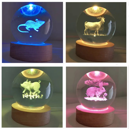 Luminous Animal Twelve Crystal Zodiac Ball Ornament for Home Wood Base Office Desk Decoration Birthday Gift Accessories - BE RARE