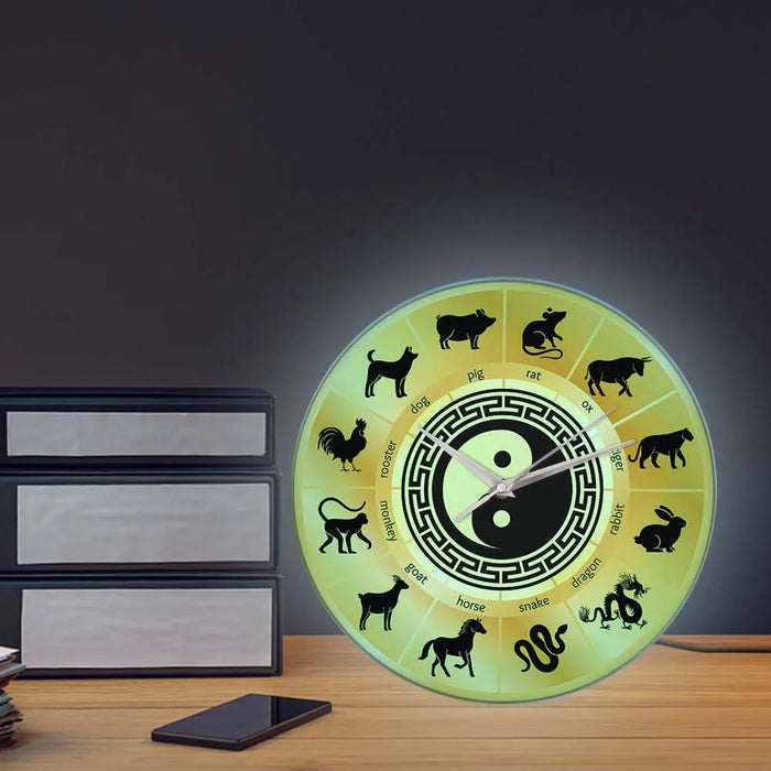 Circle of Chinese Zodiac Signs Modern Design Printed Wall Clock For Bed Room Zodiac Wheel Yin Yang Home Decor LED Lighted Clock - BE RARE