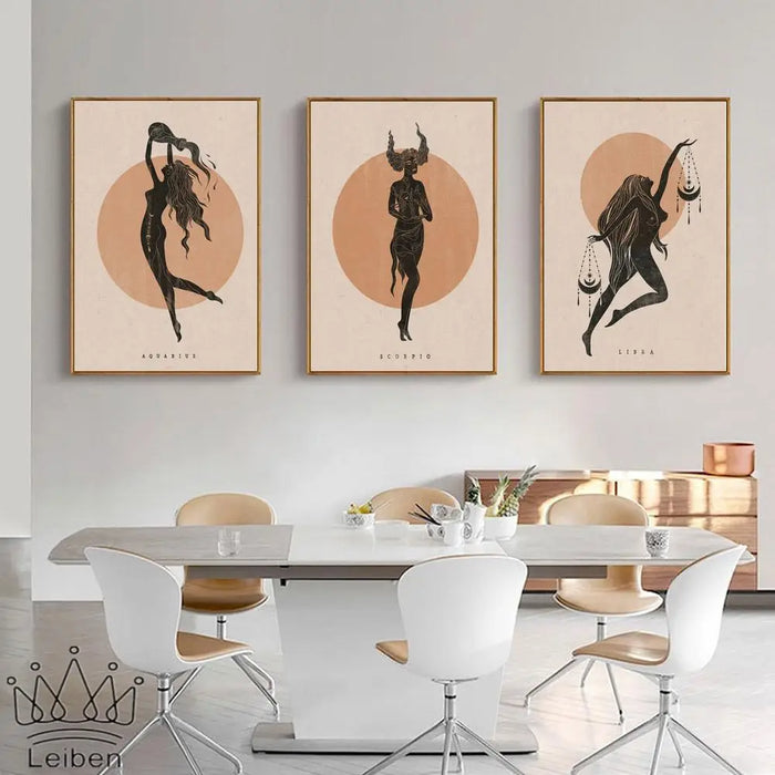 Bohemia Twelve Constellations Canvas Painting Retro Zodiac Poster Cancer Scorpio Leo Pisces Wall Art Picture for Bedroom Decor - BE RARE